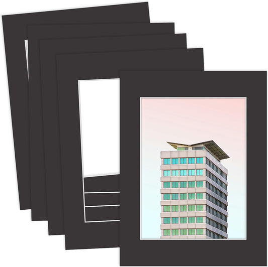 MBC Mat Board Center, 5 Pack 12x16 for 9x12 Black Picture Mats Frame Mattes, Bevel Cut, Acid Free, 4-ply Thickness