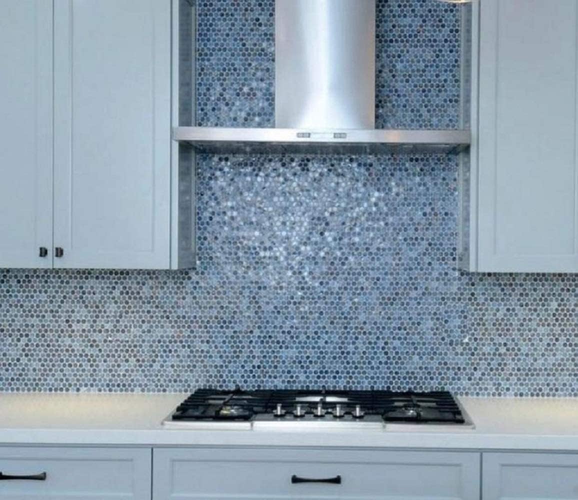 Denim Blue Penny Round Mosaic Glass Tile – 12.2 x 12.2 Inch - 10 Sheet Pack - Luxurious Design for Bathroom Walls, Kitchen Backsplash, Shower Walls - Elegant Wall Decor - NOT Peel and Stick Tile