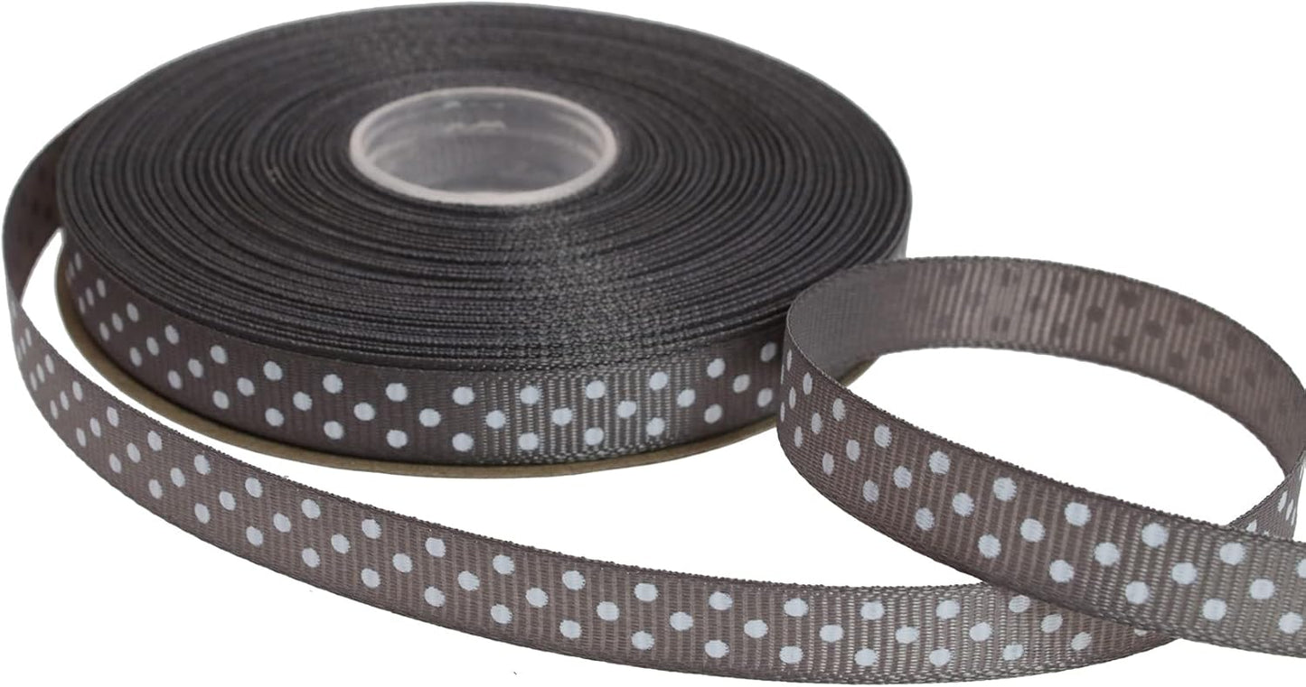 Polka Dot Grosgrain Ribbon 25 Yard Each Roll 100% Polyester (3/8", Gray)