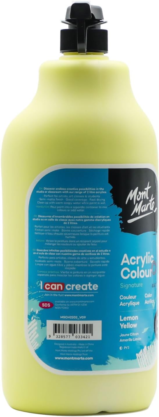Mont Marte Discovery School Acrylic, Lemon Yellow, 1/2 Gallon (2 Liter). Ideal for Students and Artists. Excellent Coverage and Fast Drying. Pump Lid Included.