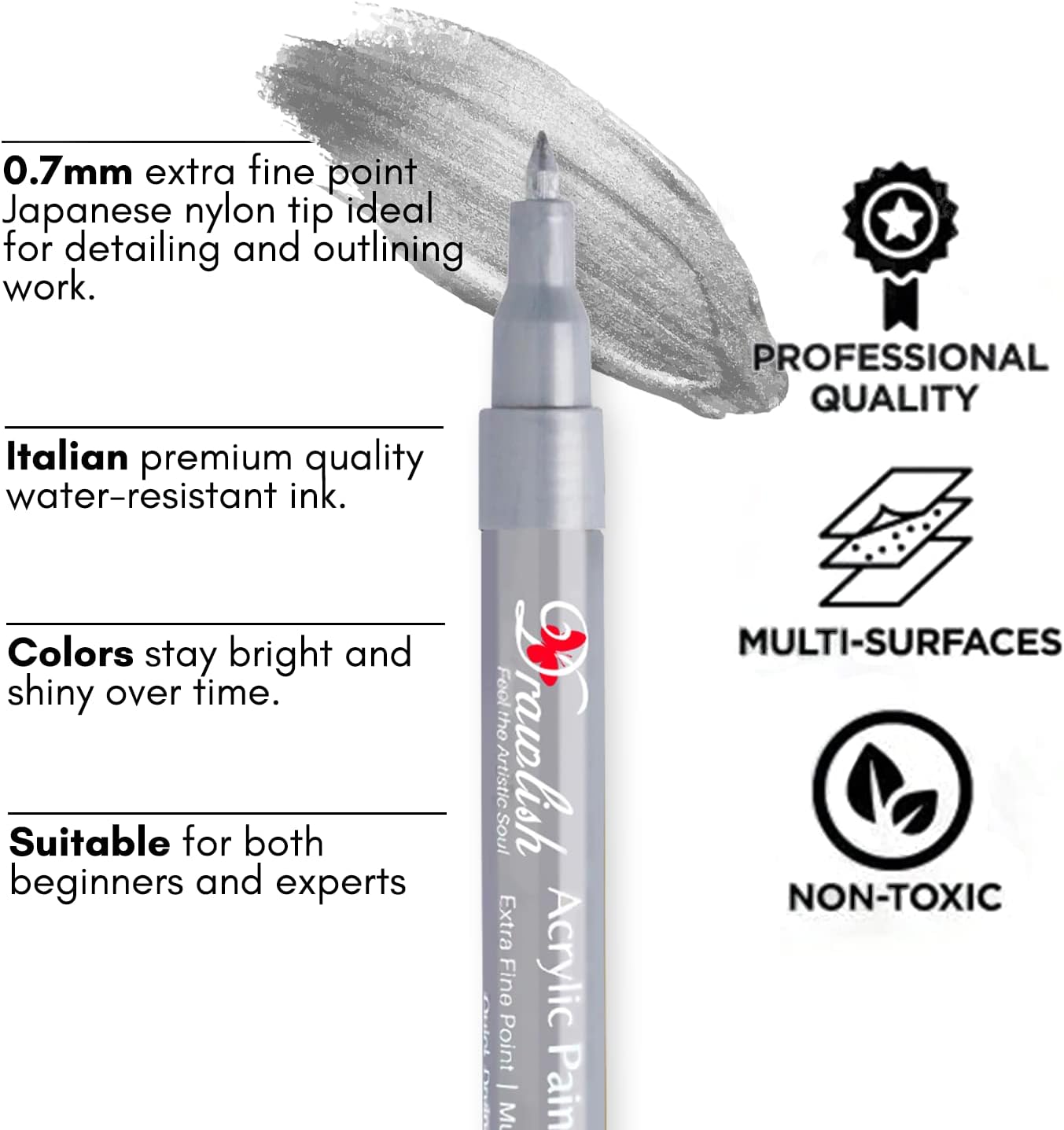 Acrylic Paint Pens - Permanent Markers 2 Gold Pens & 2 Silver Paint Marker Pen Set of 4 Acrylic Pen 0.7mm Extra Fine Tip - Ideal for Rock Painting, Fabric, Glass, Wood, Canvas, Ceramic, Porcelain