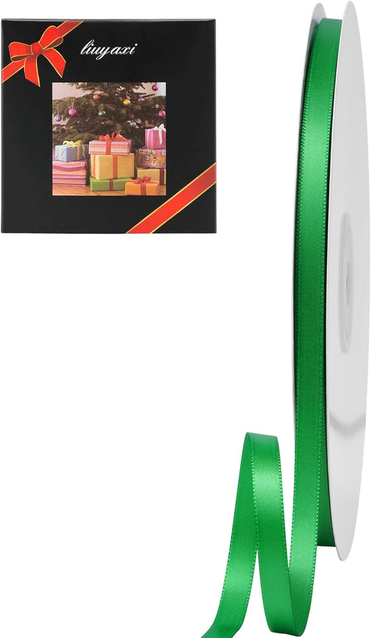 LIUYAXI Green Double Faced Satin Ribbon, 1/4" X Continuous 50 Yards, Thin Ribbons Perfect for Gift Wrapping Wedding Invitation Card Hair Bows Tag Floral Arrangement DIY Craft