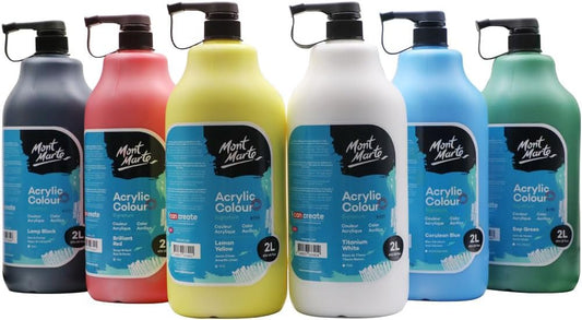 Mont Marte Discovery School Acrylic, 6 Basic Colors, 1/2 Gallon (2 Liter), Ideal for Students and Artists. Excellent Coverage and Fast Drying. Pump Lid Included