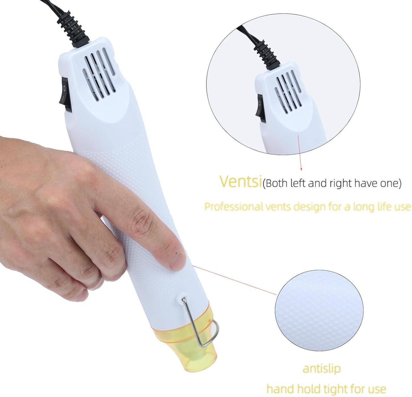 Heat Gun for Crafting, 110V 300W Handed Hot Air Gun, 3.28FT Ultra-Long Cable Portable Heat Gun with Stand and Power Cord for Shrinking Wrapping PVC, DIY Embossing and Drying Paint (White)