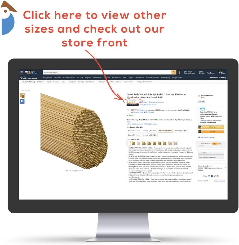 Dowel Rods Wood Sticks Wooden Dowel Rods 1/2 x 60 Inch Unfinished Hardwood Sticks for Crafts and DIYers 10 Pieces by Woodpeckers