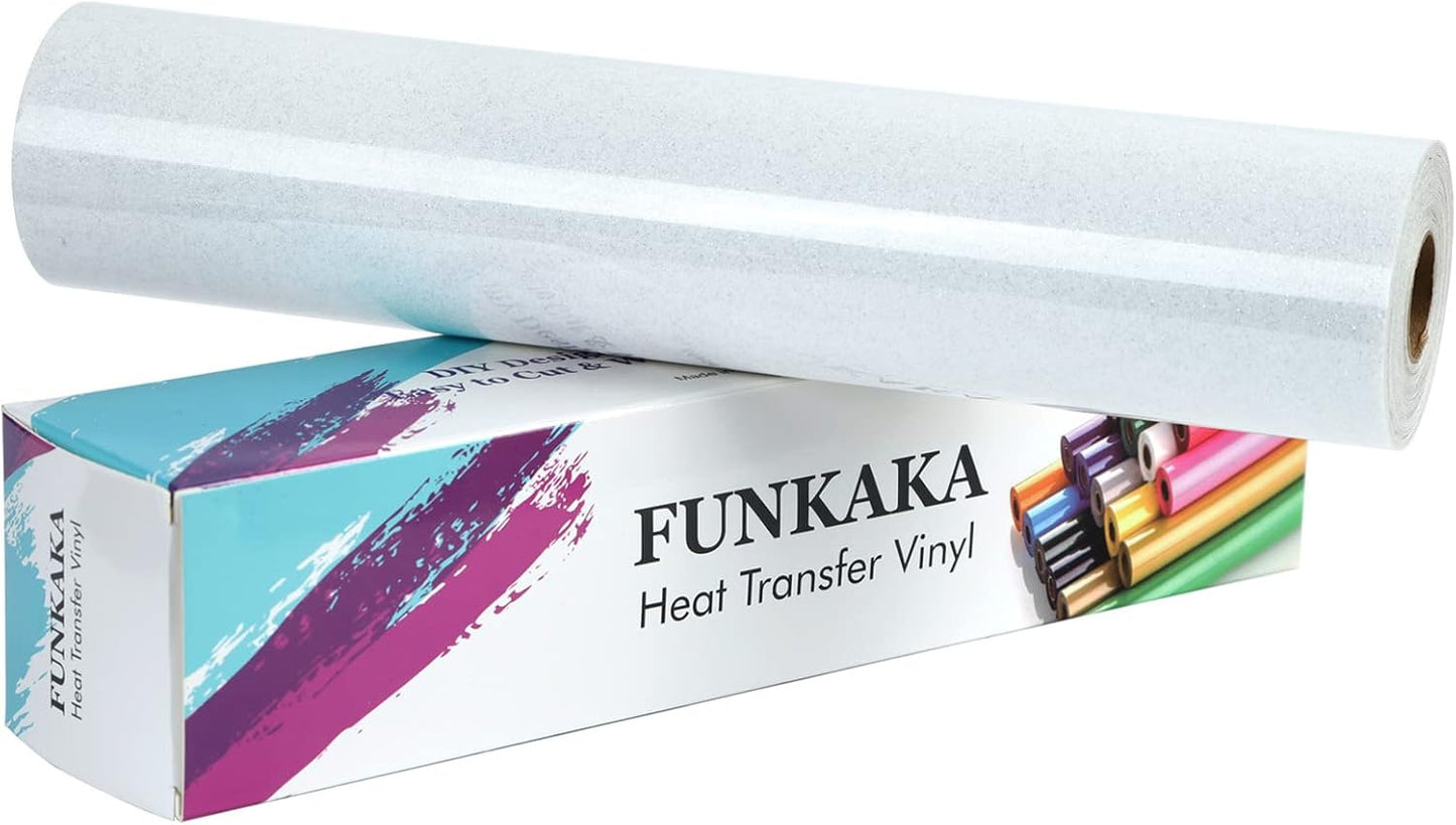 FUNKAKA Glitter White HTV Heat Transfer Vinyl Rolls, 12" x 25ft PU Iron on Vinyl for T-Shirt White Glitter HTV Vinyl for All Cutter Machines Easy to Cut & Weed for Heat Vinyl Design
