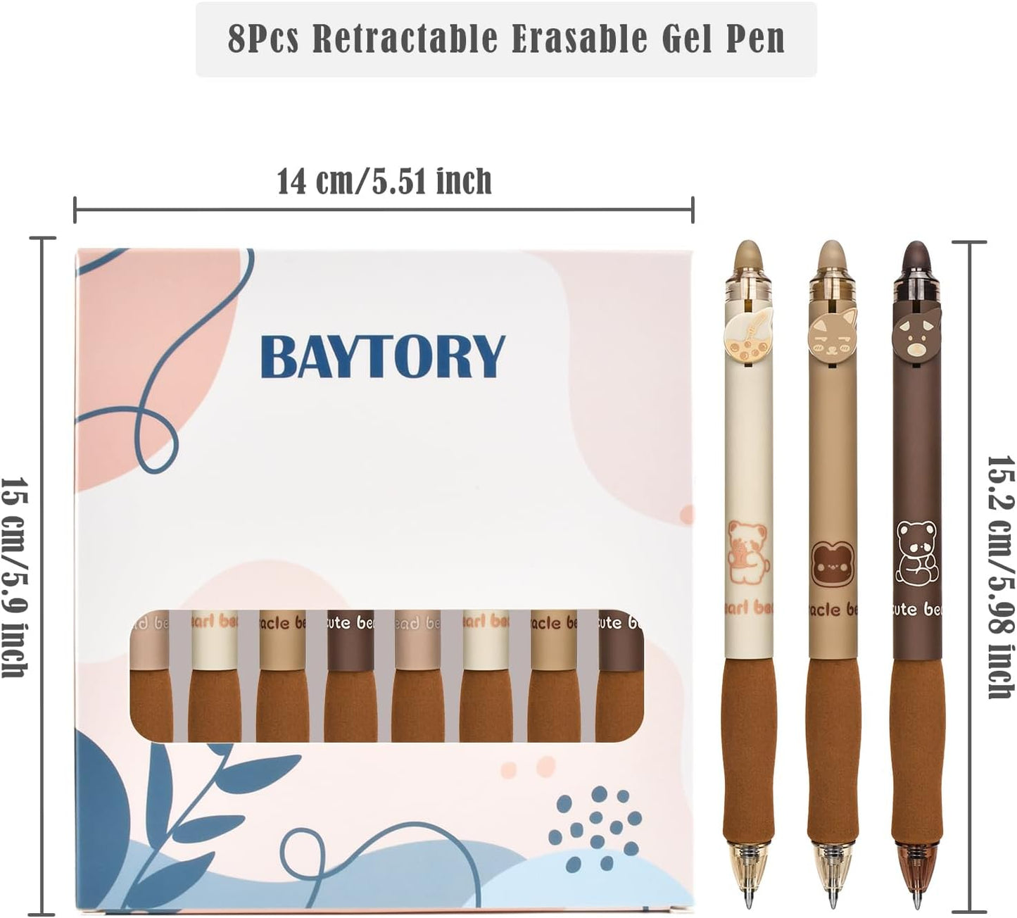 BAYTORY 8Pcs Cute Retractable Erasable Gel Pens, Blue and Black Ink Pen with Eraser Clear, Smooth Writing Comfortable to Use for Note Taking Marking Planner Crossword Puzzles (Coffee)