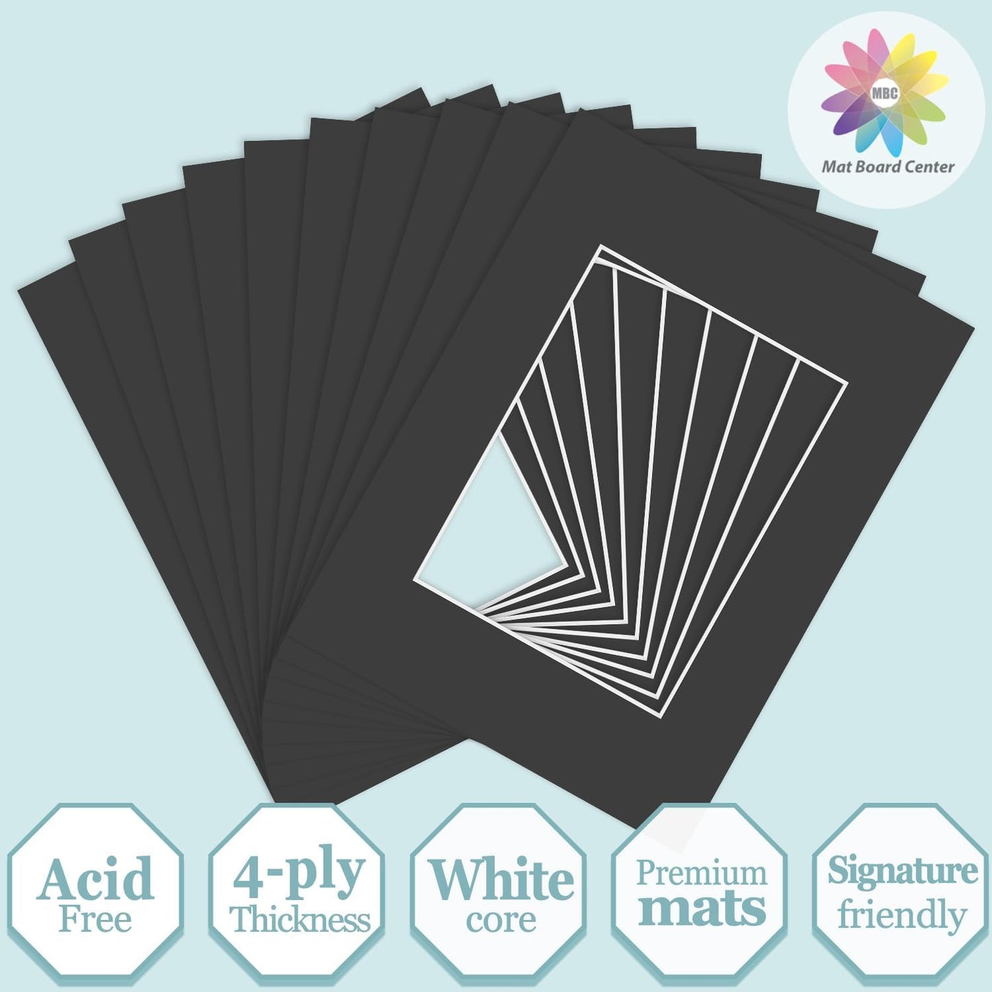 MBC Mat Board Center, 10 Pack 9X12 for 6X8 Black Picture Mats Frame Mattes, Bevel Cut, Acid Free, 4-Ply Thickness