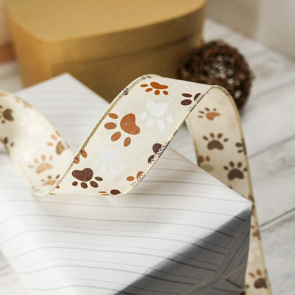 CT CRAFT LLC Ivory Canvas Dog Paw Wired Ribbon 1.5 Inch x 10 Yards for Christmas Home Decor Tree Topper Bow Gift Wrapping DIY Crafts Wreath Garland