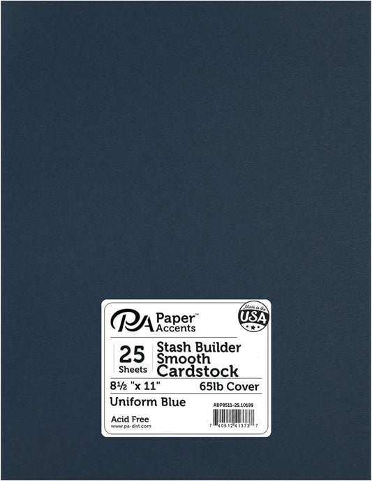 Accent Design Paper Accents Stash Builder Cardstock 8.5" x 11" Uniform Blue, 65lb Colored cardstock Paper for Card Making, Scrapbooking, Printing, Quilling and Crafts, 25 Piece Pack