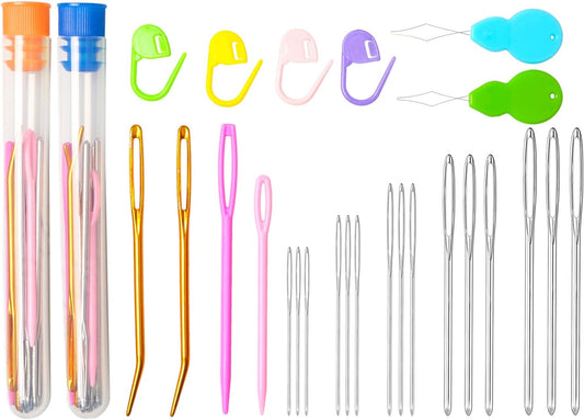 Hekisn 45Pcs Large Eye Blunt Yarn Needles kit, Assorted Sizes Bent Tapestry Darning Needle, Sewing Needles with Needle Threaders & Stitch Markers for Knitting Crochet (Orange&Blue)