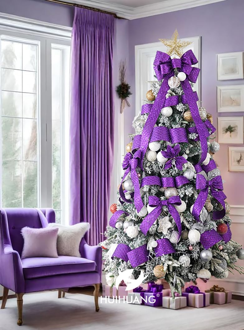 HUIHUANG Purple Wired Ribbon for Christmas Tree 2.5 inch Purple Glitter Diamond Mesh Ribbon for Tree Decoration, Wreaths, Garland, Gift Wrapping, Large Bows Making, Halloween Decor -10 Yards