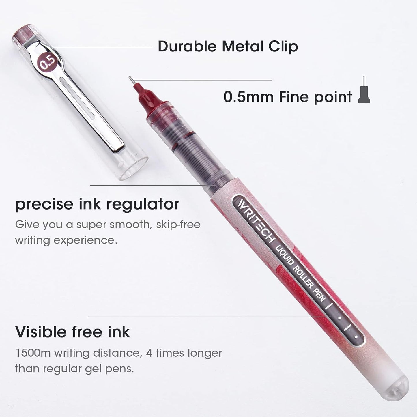 WRITECH Liquid Ink Rollerball Pens: Multi Colored 0.5mm Extra Fine Point Tip Rolling Roller Ball Pen 8ct Assorted Colors for Journaling Smooth Writing Note Taking No Bleed & Smudge & Smear