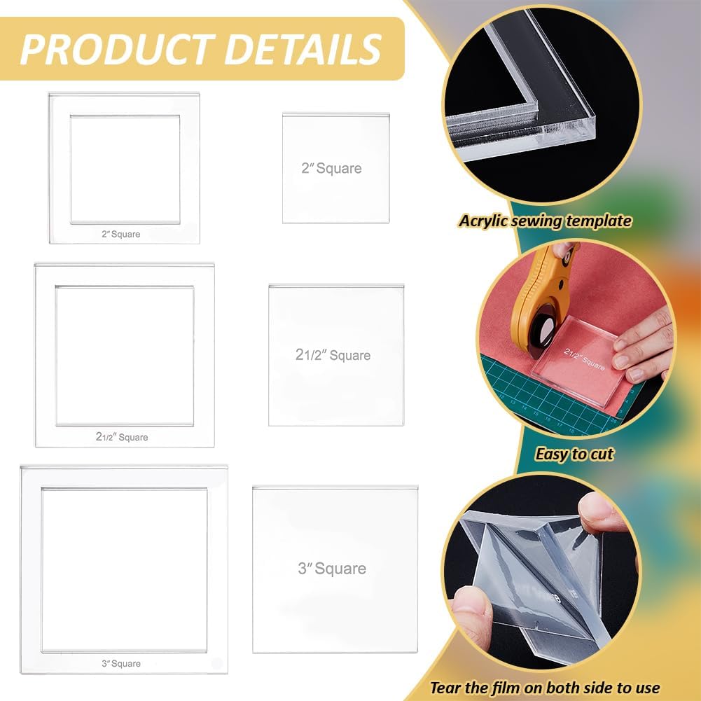 BENECREAT 16 Sizes Square Quilting Template, Acrylic Intricate Sewing Machine Ruler, Transparent Pressure Plate Router Template for DIY Hand Patchwork Cutting Craft, 6mm Thick