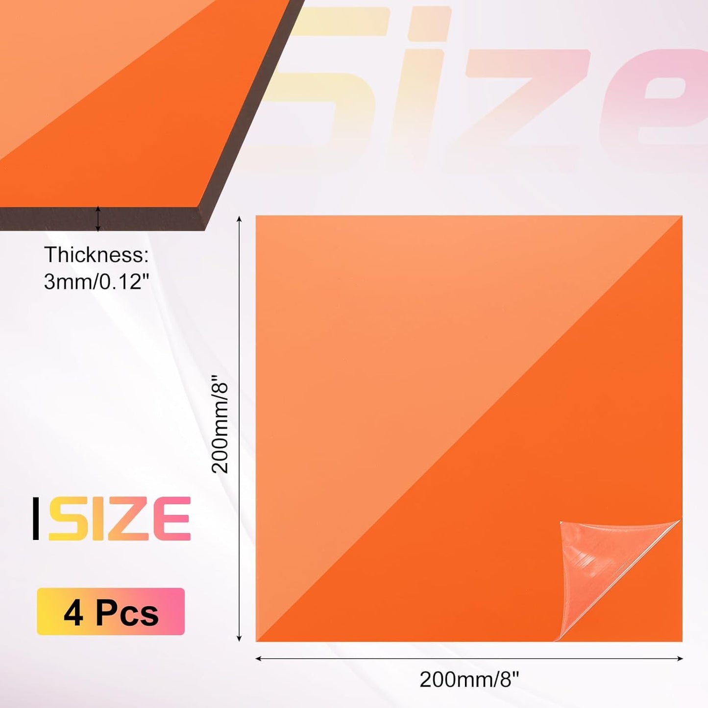 uxcell 4Pcs Acrylic Sheets 8x8 Inch Acrylic Panel 1/8 Inch-3mm Plastic Board for Picture Frames Sign Holders DIY Display Projects Craft, Clear Orange