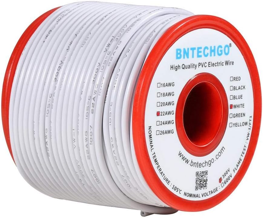 BNTECHGO 22 Gauge PVC 1007 Solid Electric Wire White 100 ft 22 AWG 1007 Hook Up Tinned Copper Wire