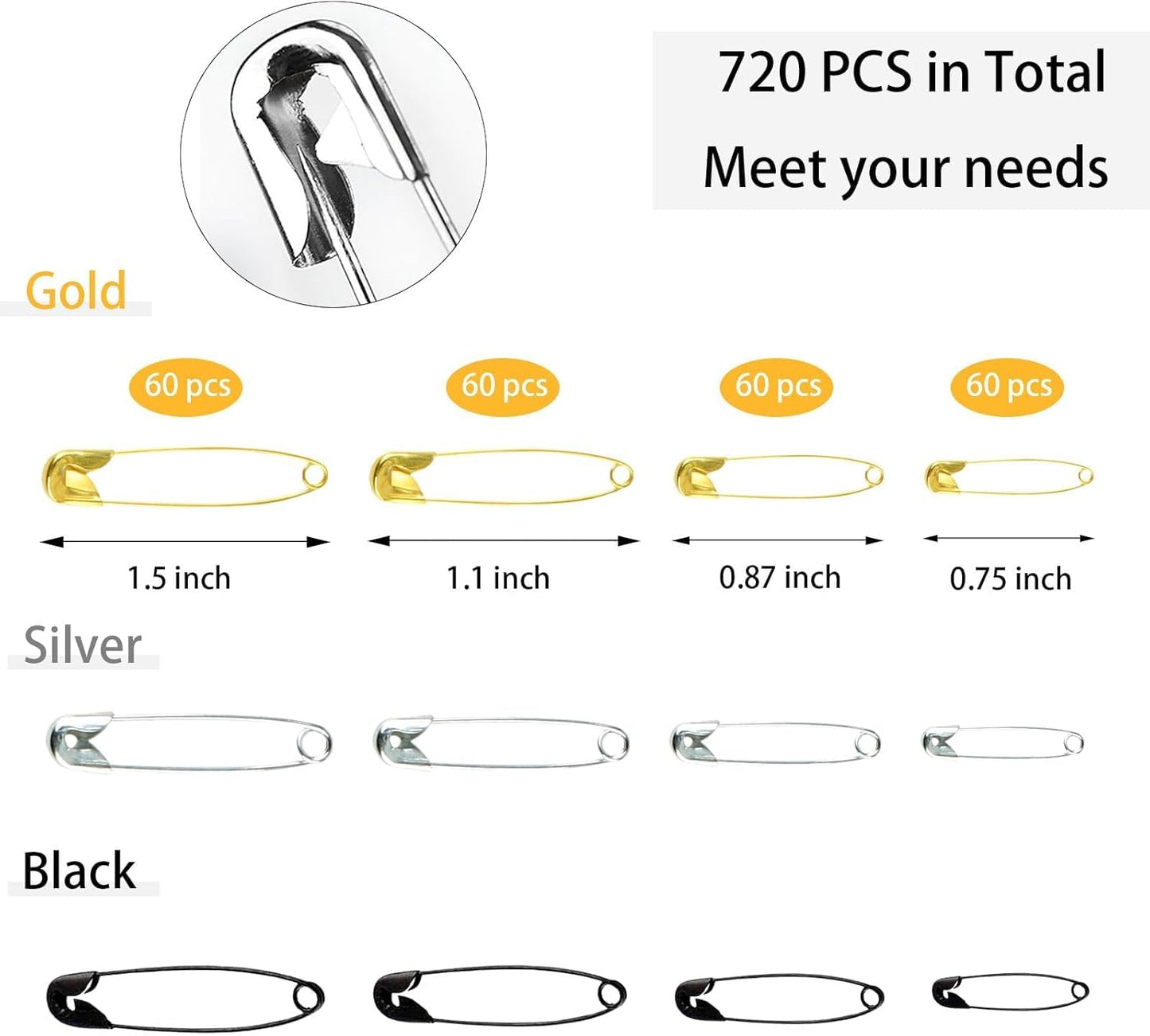 720 Pcs 3 Colors Safety Pins 4 Sizes Strong Safety Pins with Storage Box Assorted for Craft Sewing Art Clothes Jewelry Making(Gold, Black, Silver)
