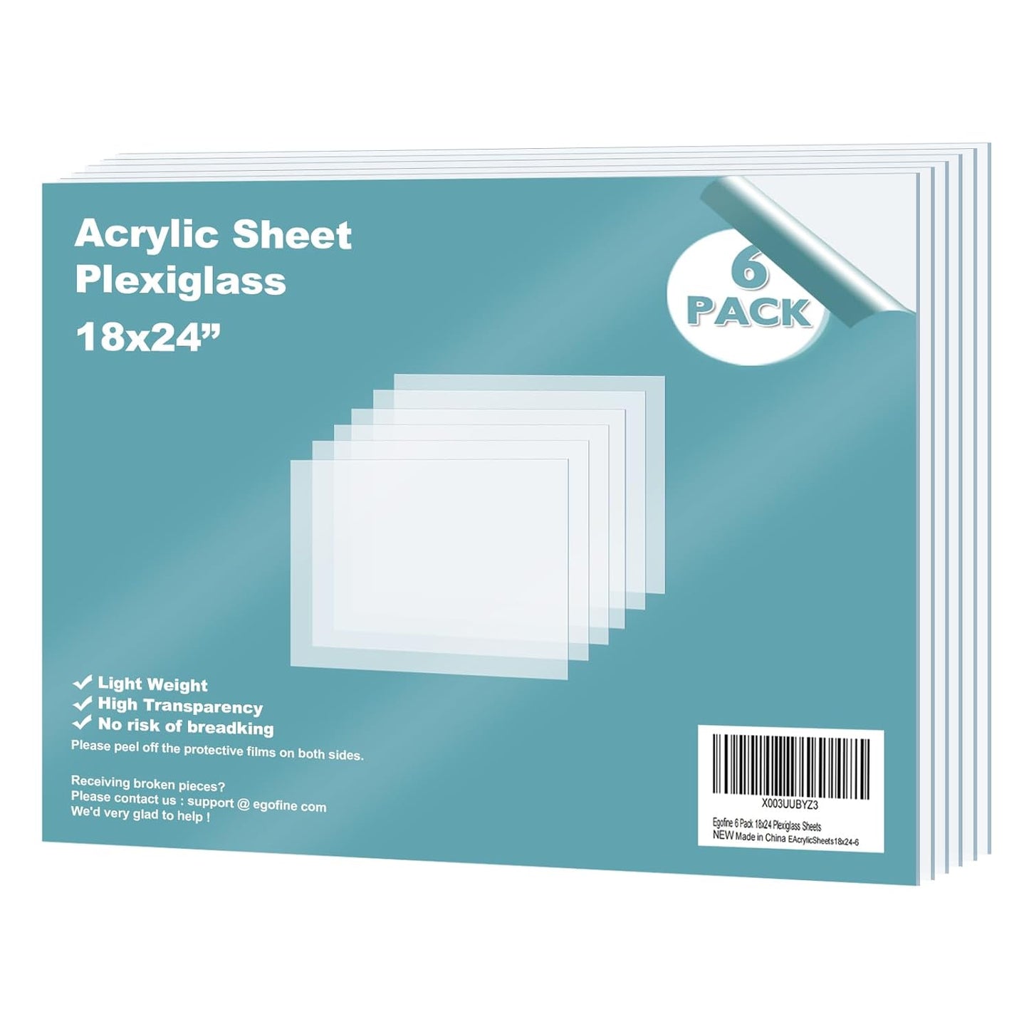 Egofine Plexiglass Sheets Acrylic Sheets 6 Pack of 18x24’’ 0.04 Thick Clear Plastic Cast Transparent Plexi Glass for Crafting Projects, Replacement Picture Frame Glass, DIY Display, Easy to Cut
