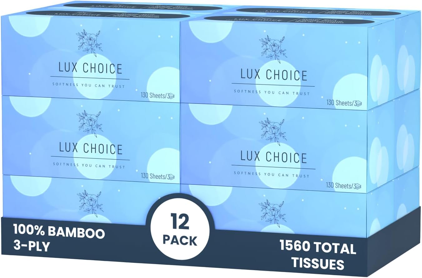 Bamboo Facial Tissues – 130 Tissues per Box, 3 Ply,12 Boxes (1560 Total), Ultra Soft, Eco-Friendly & Hypoallergenic – for Home, Baby Care & Sensitive Skin