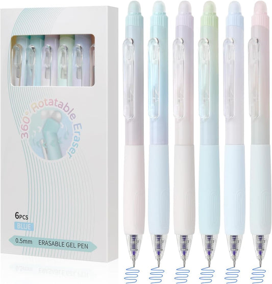 Solati Erasable Pens, 6 Pack Fine Point 0.5mm Black Erasable Gel Pens with 360°Rotating Erasers, Make Mistakes Disappear, Comfort Grip for Drawing, Writing, Planning, and Crossword Puzzles (Blue Ink)