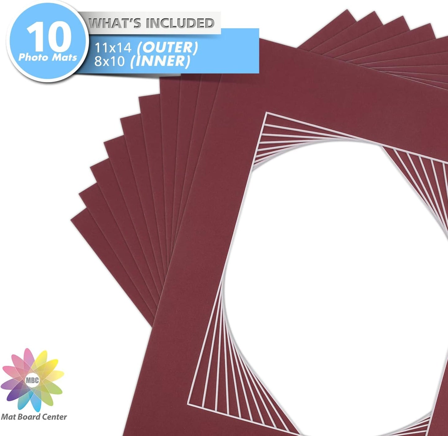 Mat Board Center, Pack of 10, 11x14 for 8x10 Maroon Color Mats - Bevel Cut, Acid Free, 4-ply Thickness, White Core - for Pictures, Photos, Framing