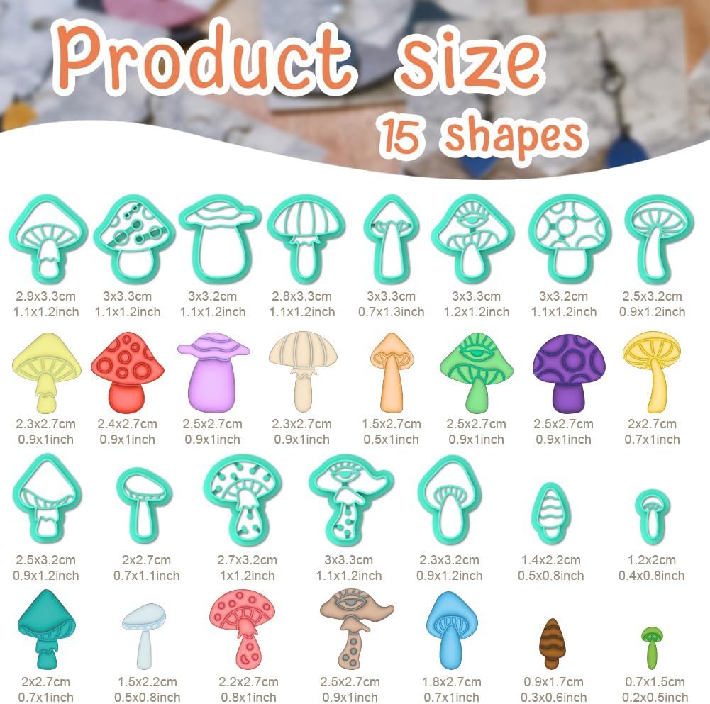 ACRNIGHEET Mushroom Clay Cutters - 15pcs 3D Clay Cutters for Polymer Clay, Clay Cutters Shapes Mushroom, Cookie Cutter, DIY Earring Making Tools with Storage Box
