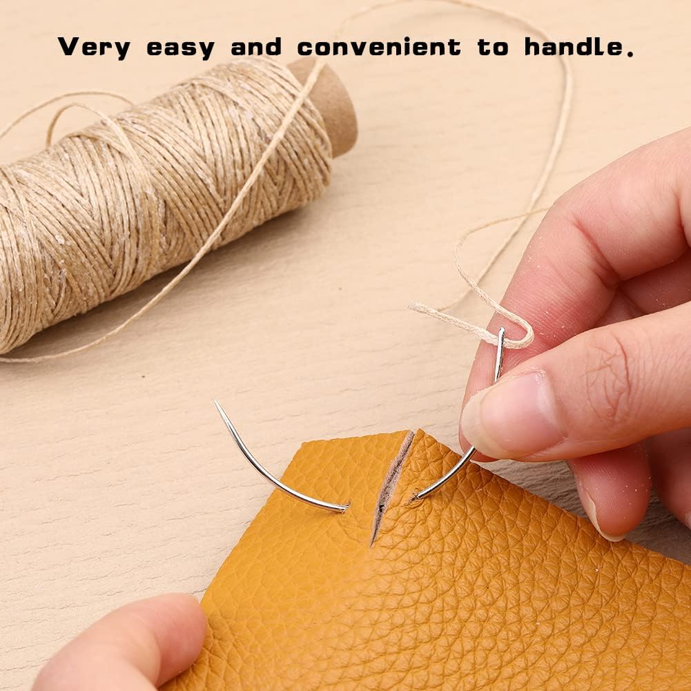 Ftyiwu Waxed Thread 55 Yards, Leather Sewing Waxed Thread with Upholstery Needles Hand Sewing Needles for Home Upholstery Carpet Leather Canvas Repair and Sewing (Khaki)