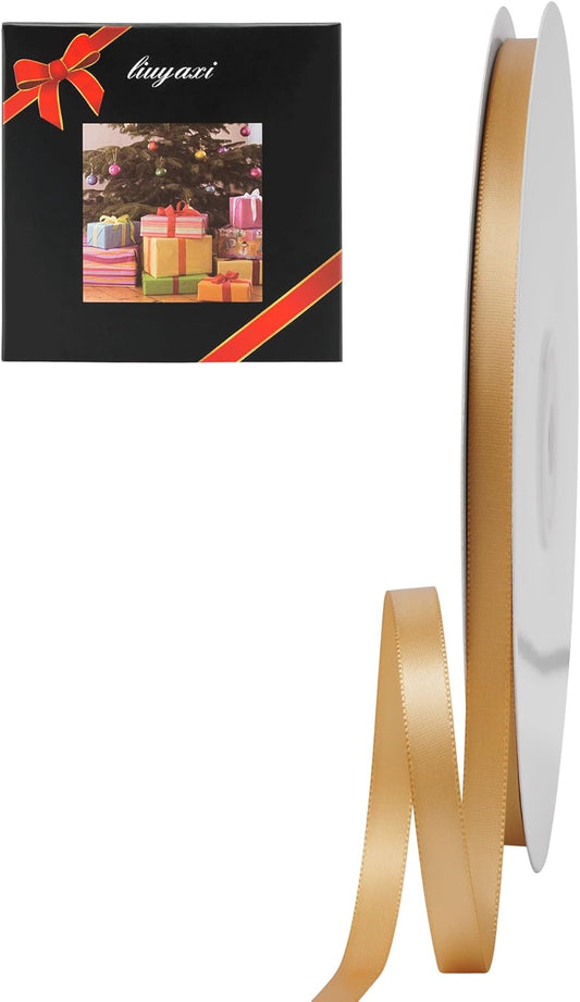 LIUYAXI Old Gold Double Faced Satin Ribbon, 1/4" X Continuous 50 Yards, Thin Ribbons Perfect for Gift Wrapping Wedding Invitation Card Hair Bows Tag Floral Arrangement DIY Craft