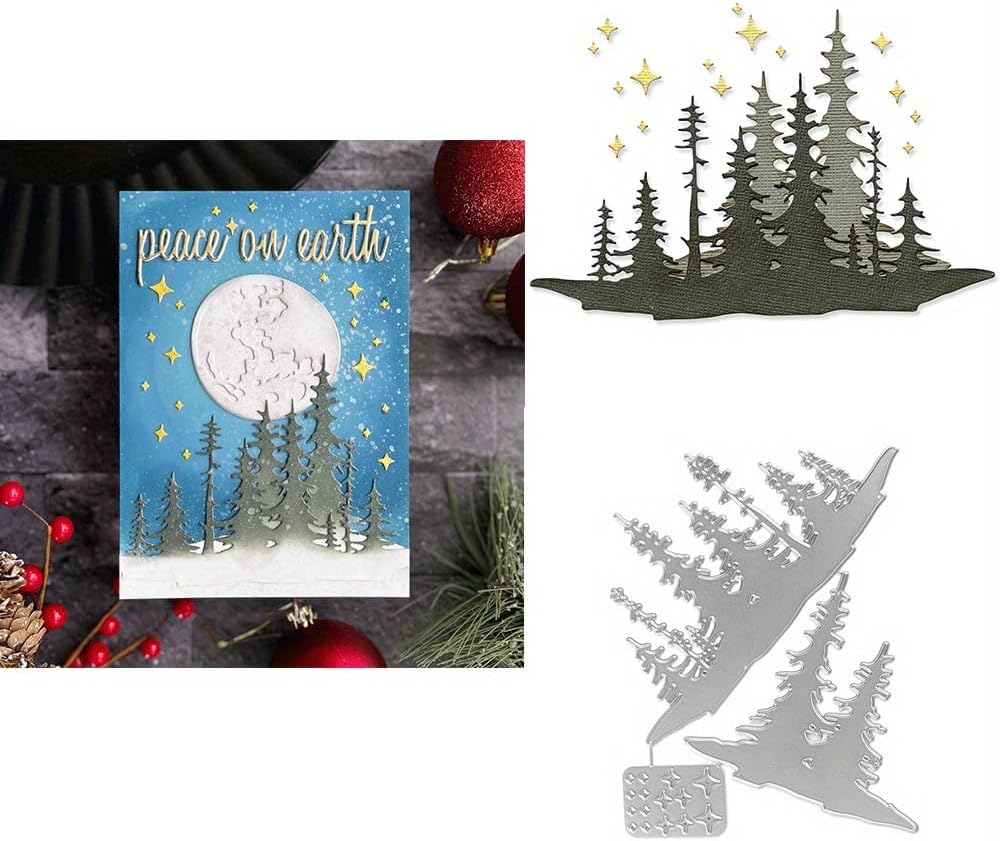 Lapoo Flowers Metal Cutting Die for Scrapbooking - Durable, Cut Stencils for DIY Scrapbook Photo Album Decorative Paper Card, Card Making Supplies (Two Layers of Trees and Stars 6.1 x 4.8 in)