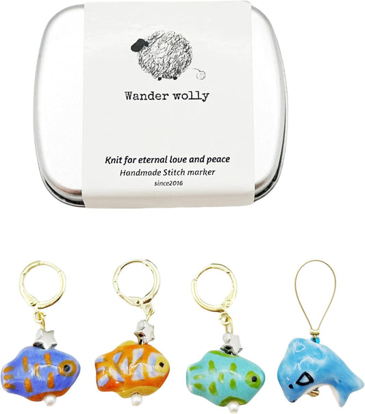 Handmade Ocean Fish Stitch Markers 4 PCS in One Case, Three Tropical Fish with Removable Markers, One Dolphin Closed Ring for Knitting and Crochet