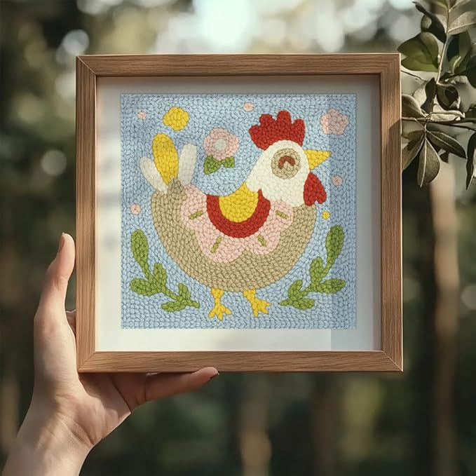 Doodlream Cute Chickens DIY Punch Needle Embroidery Kit for Adult Beginner, 9.4" Rooster Animal Punch Stitching Craft Set for Starter with Frame, Fabric Pattern, Threader, Yarn, Pinch Needle