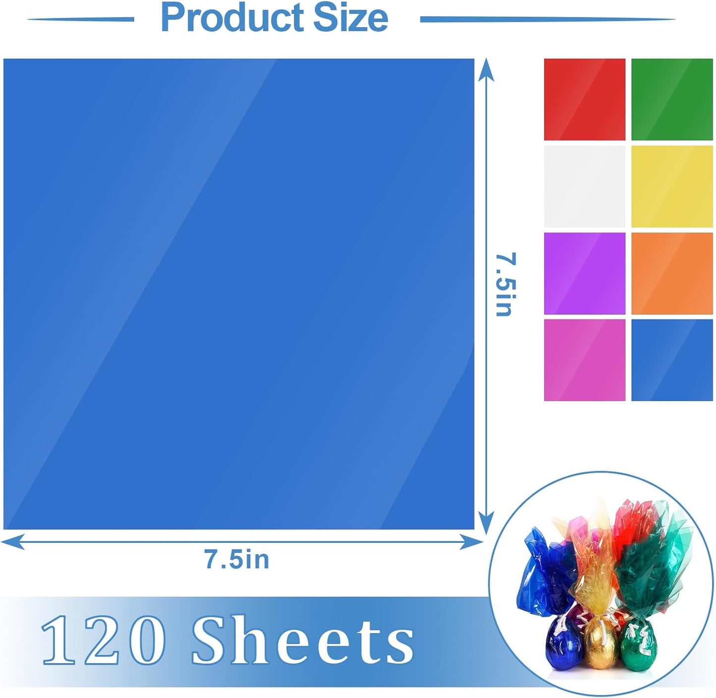 120 Pcs Colored Cellophane Sheets, Cellophane Wrap Paper Color Cello Sheets for Crafts(7.5x7.5 Inches)