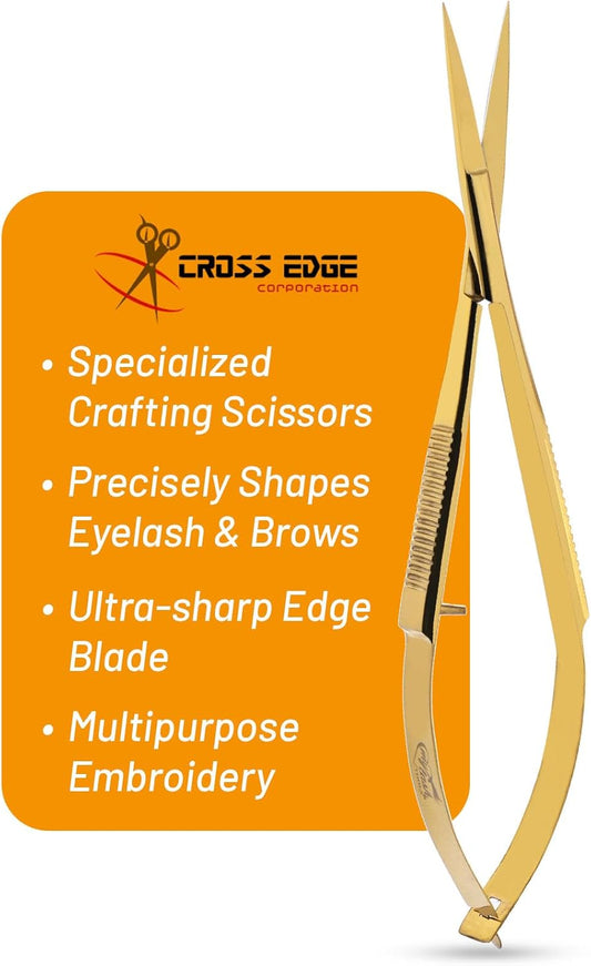 Cross Edge Spring Scissors 5 Inch straight Stainless Steel Precision Eyebrow & Eyelash Shaping & Trimming Scissor, Snips Squeeze, Embroidery, Knitting Micro Tip Craft Scissors (Gold)