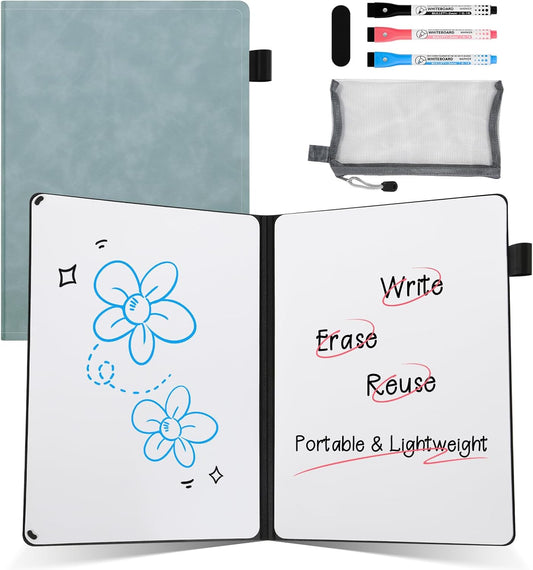 AGM Portable White Board Dry Erase Notebook, 8.4" x 6" Double Sided Folding Whiteboards with 3 Pens, Small Travel Dry Erase Board Skin-Friendly Material for Study, Meeting, Planning, Ocean Blue