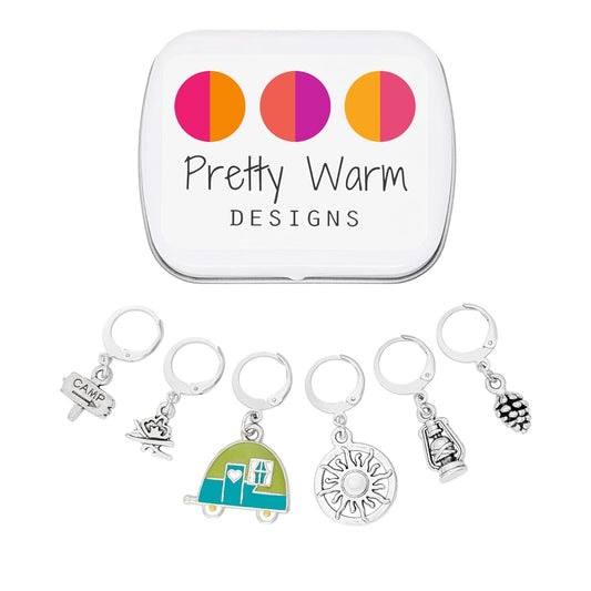 Go Camping Locking Stitch Markers with Storage Case | Crochet Stitch Markers & Removable Knitting Progress Keepers | Camper, Campfire, Lantern & Pinecone Charms | Handmade by Pretty Warm Designs