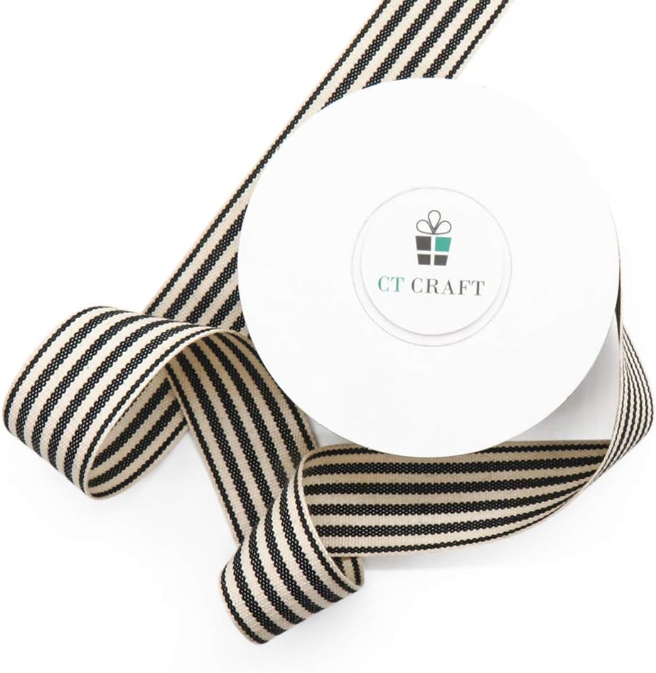 CT CRAFT LLC Ivory Cotton Black Stripes Ribbon 1" x 10 Yards for Home Décor Gift Present Wrapping DIY Crafts Birthday Wedding Bouquet Christmas