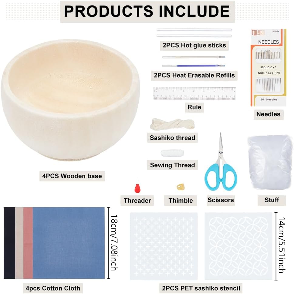 ACRNIGHEET 4 Set Sashiko Pin Cushion Bowls Making Kits, Embroidery Pin Cushion for Sewing, Sewing Pins Cushion, Wooden Base Japanese Traditional Style Sewing Needle Holder, DIY Crafts Home Use