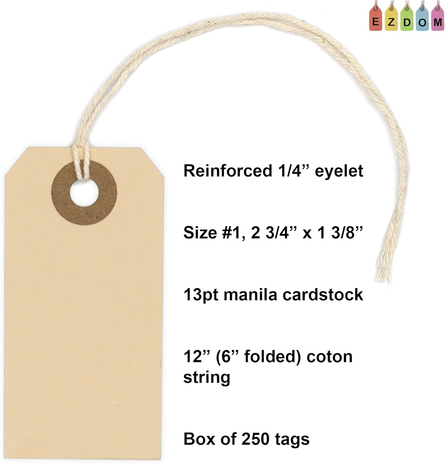 Manila Tags with String Attached - #1, 2 3/4” x 1 3/8” Box of 250 Small Blank 13pt Paper Tags with Hole and Strings Attached, Small Labels with Strings