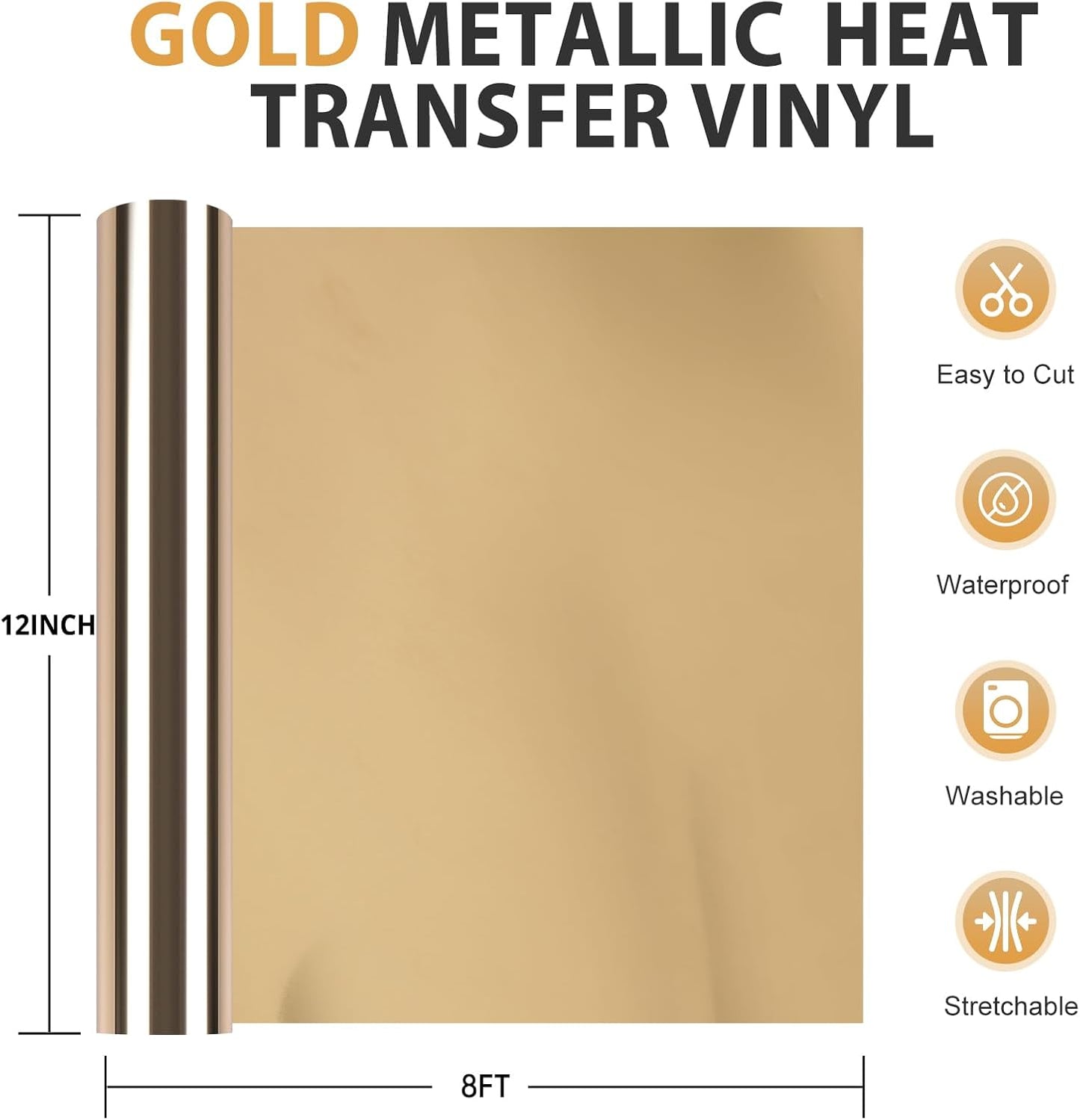 HTVRONT Metallic Gold HTV Vinyl Roll - 12" x 8ft Gold Heat Transfer Vinyl for T Shirts, Gold Iron on Vinyl for All Cutting Machine - Easy to Use for Heat Transfer Project (Metallic Gold)