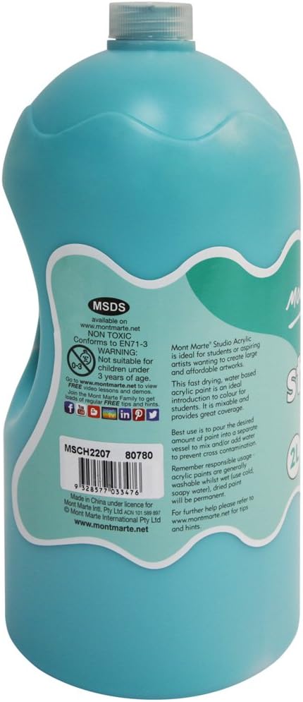Mont Marte Discovery School Acrylic, Turquoise, 1/2 Gallon (2 Liter). Ideal for Students and Artists. Excellent Coverage and Fast Drying. Pump Lid Included.
