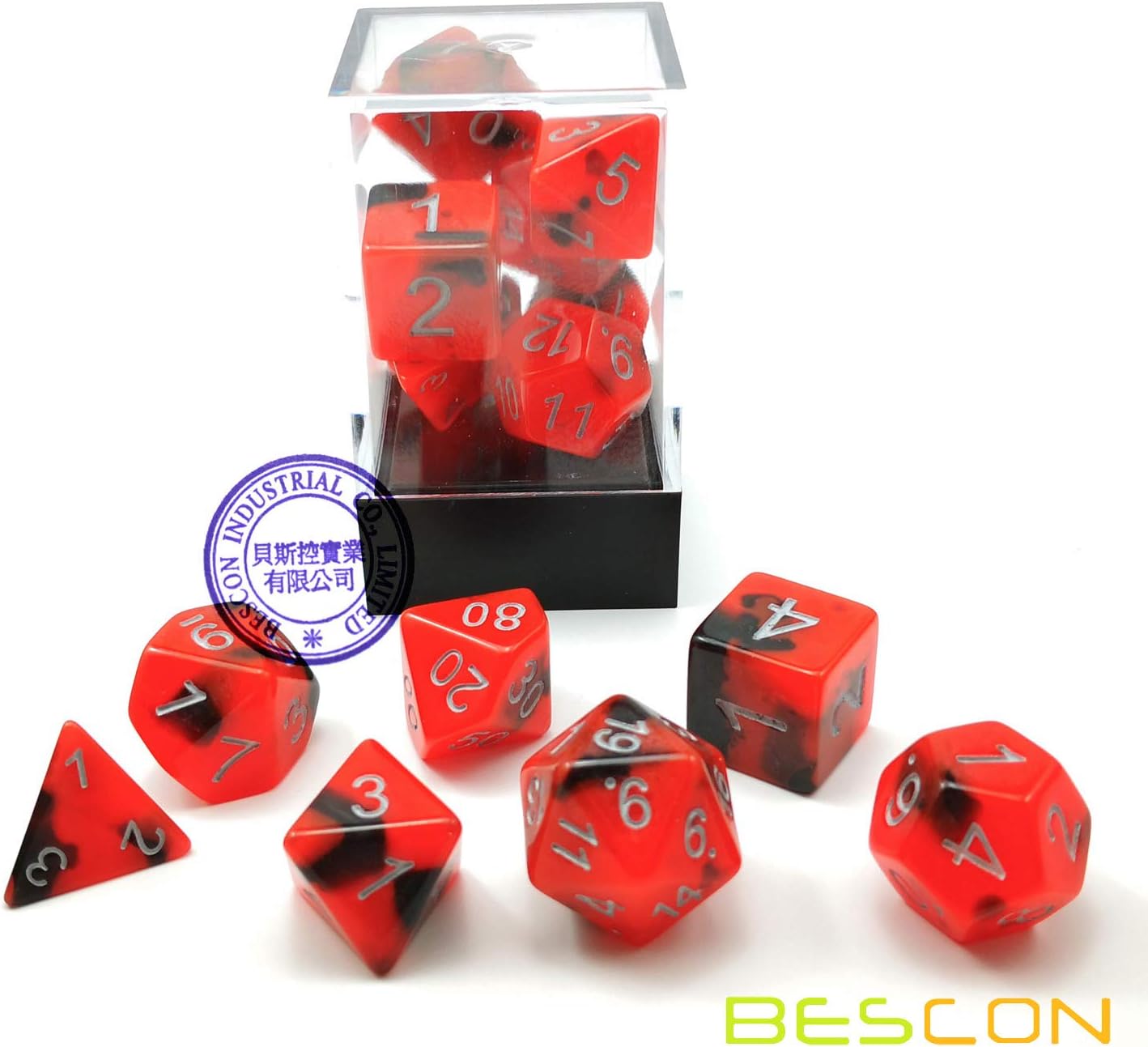 Bescon Two-Tone Glow-in-The-Dark Polyhedral Dice Set HOT Rocks, Luminous RPG Dice Set d4 d6 d8 d10 d12 d20 d% Brick Box Pack