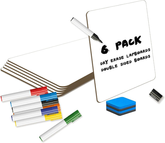 White Board Dry Erase Boards Classroom Pack Mini White Boards 9" x12” Double Sided Personal Whiteboards for Students Teachers School Supplies Lapboards (Set of 6 Boards & Erasers & Pens)