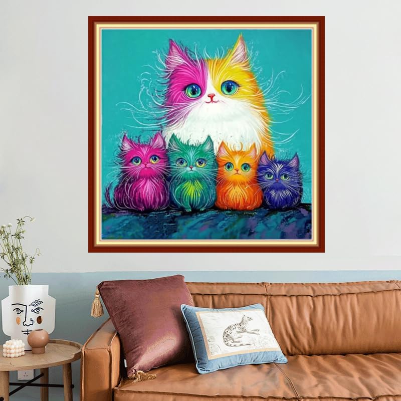 Foxhool Beginners Cross Stitch Kits Stamped Full Range of Embroidery Kits for Adults DIY Cross Stitches kit Embroidery Patterns for Needlepoint kit-Colorful Cat Family 18x18 inch
