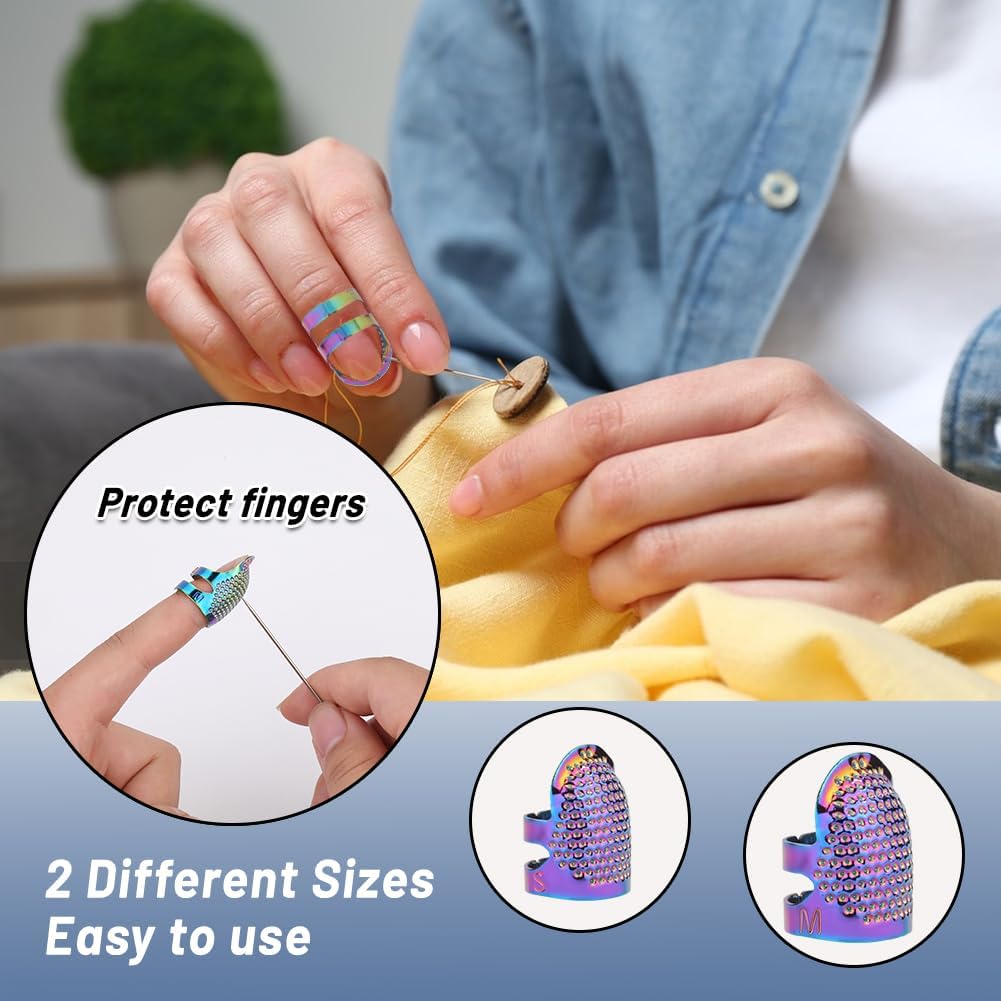 8 Pcs Sewing Thimbles, Sewing Thimble Finger Protector, Fingertip Thimble Metal Dazzle Color Adjustable Metal Sewing Thimble Rings, Sewing Quilting Craft Accessories DIY Sewing Tools (2 Sizes, S/M)