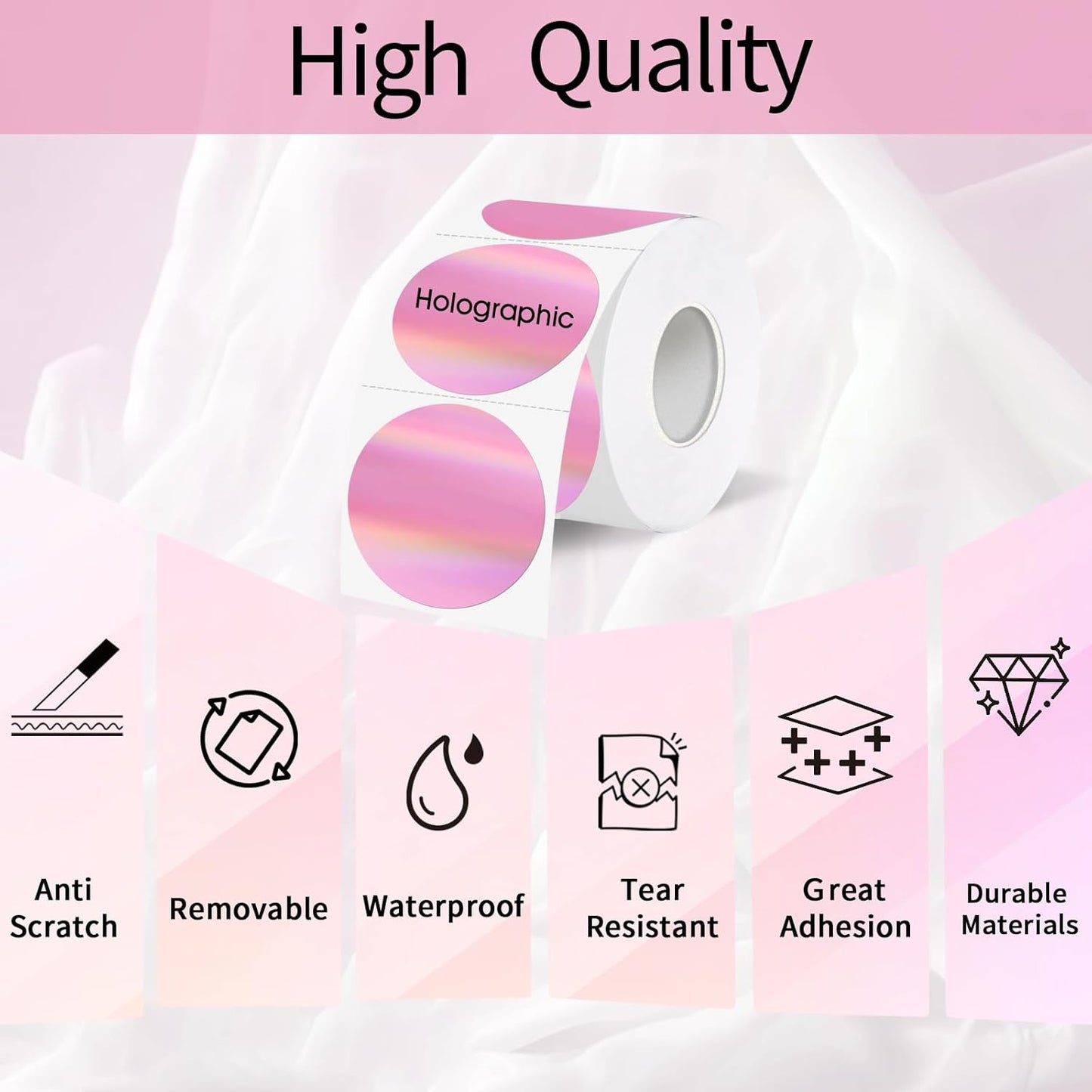 Holographic Thermal Labels Stickers 1.5 inch, Glitter Round Direct Thermal Stickers Label, Perforation Line Design- 350 Sheets/Pink