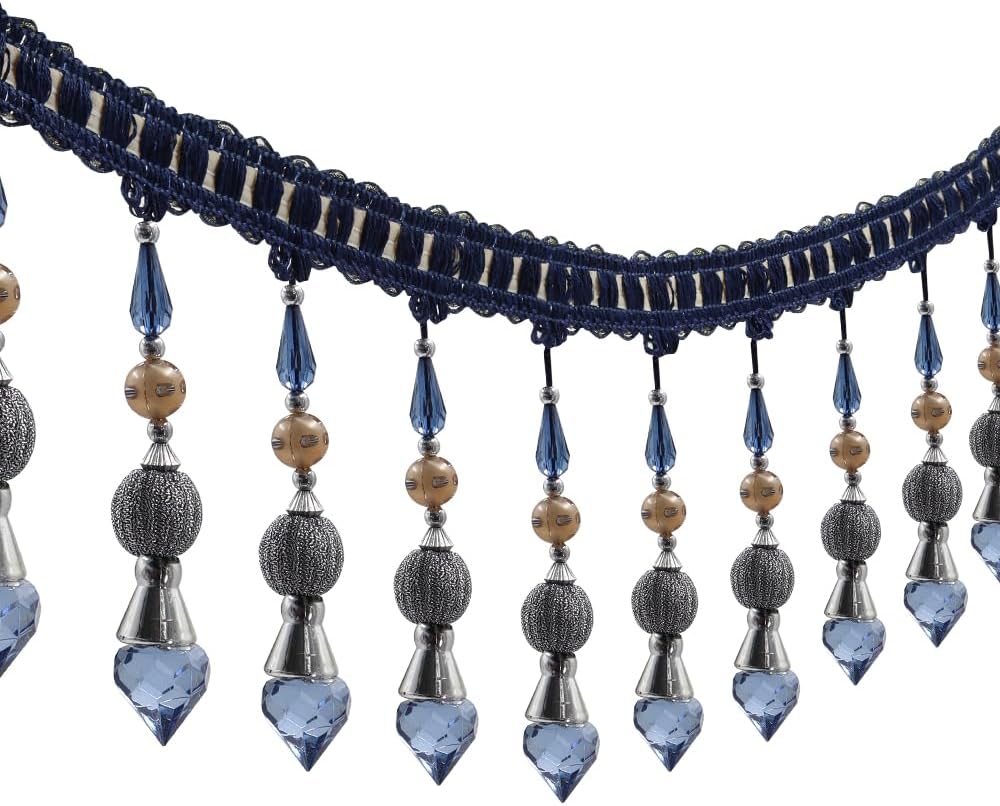 3yards Beading Fringe Trimming Long Beads Tassel Curtain Trim Ribbon Trim for Cover Edge Decorative (deep blue)