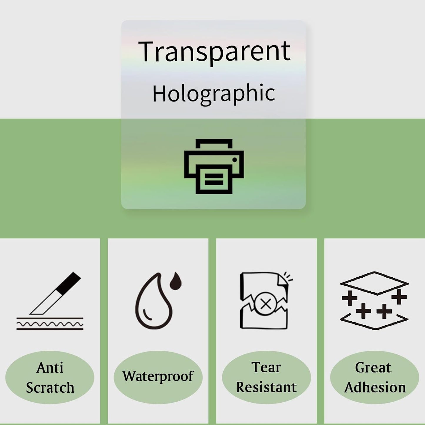 3 Inch Square Transparent Thermal Label Stickers, Holographic Clear Self-Adhesive Direct Thermal Labels, Perforation Line Design& Waterproof- 200 Sheets