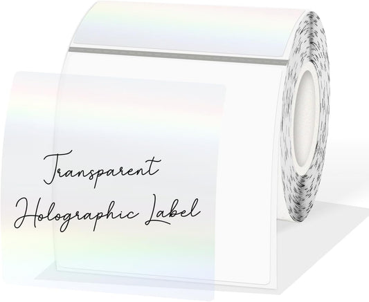 3 Inch Square Transparent Thermal Label Stickers, Holographic Clear Self-Adhesive Direct Thermal Labels, Perforation Line Design& Waterproof- 200 Sheets