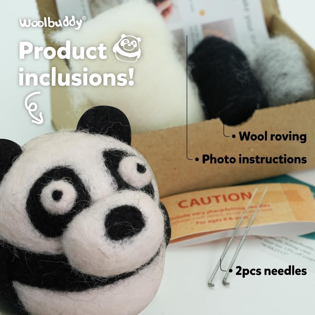 Woolbuddy Needle Felting Kit for Beginners & Adults – Panda DIY Felt Animal Starter Kit with Natural Wool Roving, Felting Needles & Step-by-Step Instructions