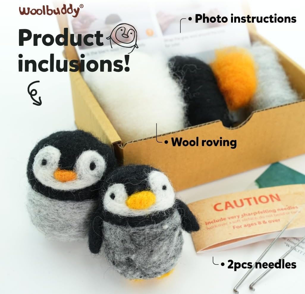 Woolbuddy Needle Felting Kit for Beginners Adults, Penguin Sea Animal Project, Includes Supplies, Two Needles, and Clear Instructions for Creative Crafts